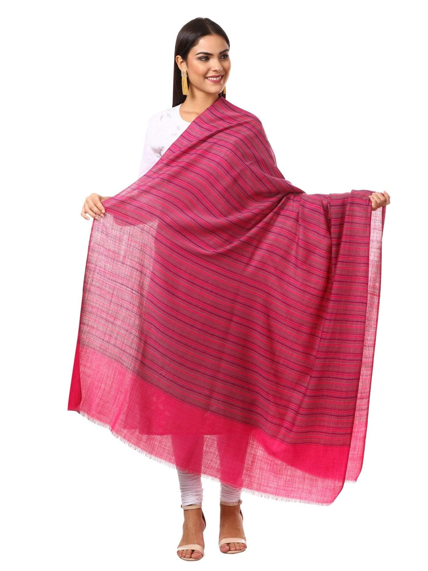 Pashtush Shawl Store Shawl Women's Fine Wool Striped Shawl, Australian Merino Wool - Fuchsia