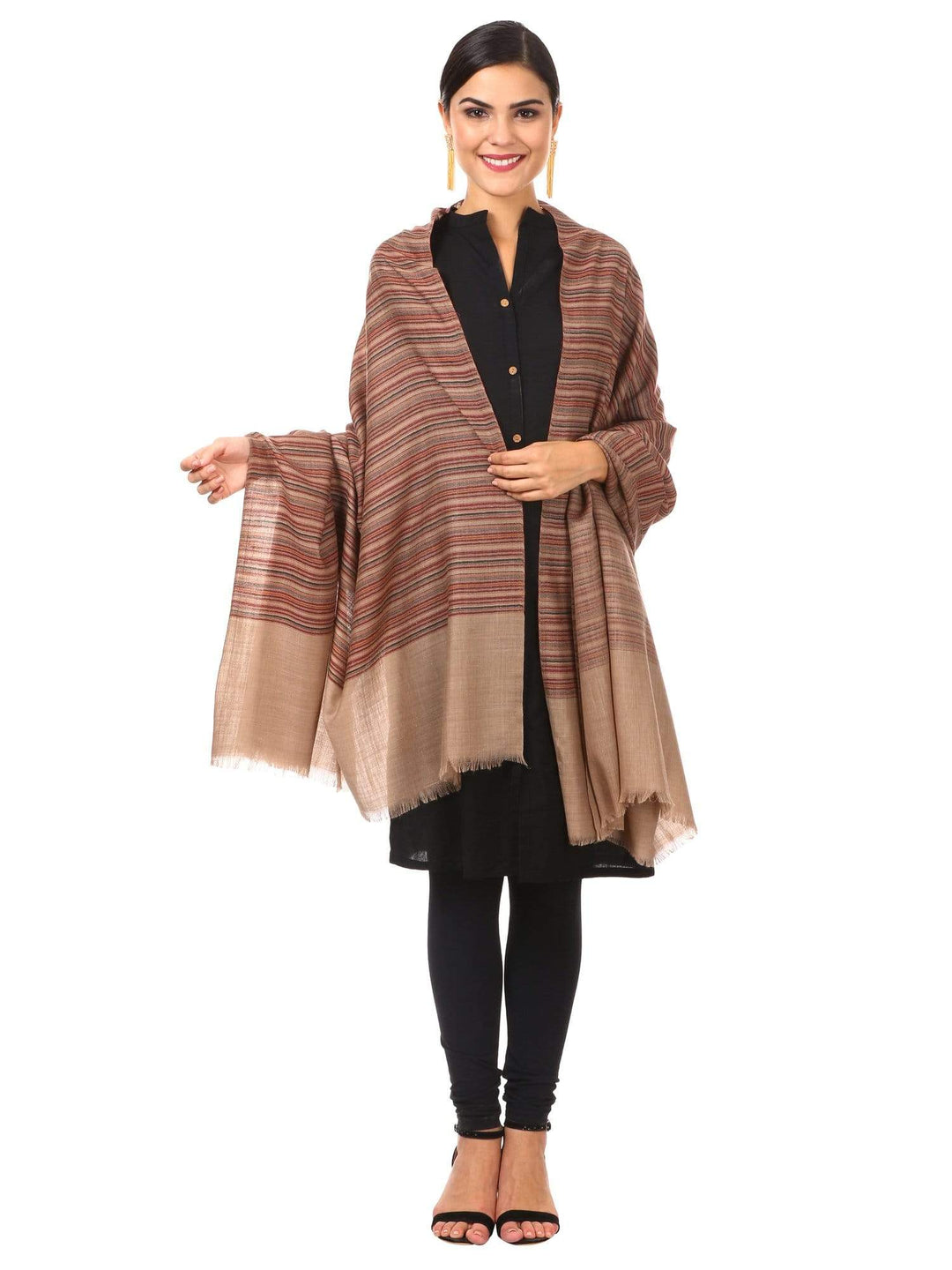 Pashtush Shawl Store Shawl Women's Fine Wool Striped Shawl, Australian Merino Wool - Taupe