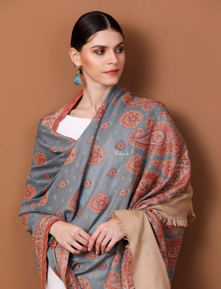 Pashtush Shawl Store Shawl Women's Kashmiri Design Jacquard Palla Shawl, Soft Faux Pashmina - Slate and Beige