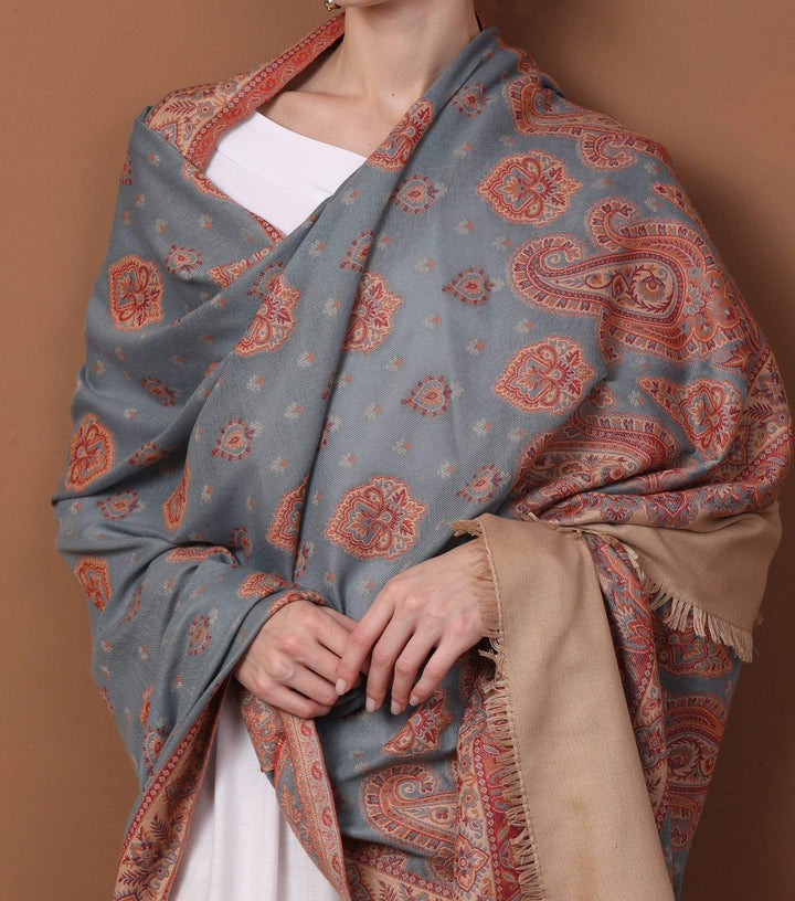 Pashtush Shawl Store Shawl Women's Kashmiri Design Jacquard Palla Shawl, Soft Faux Pashmina - Slate and Beige