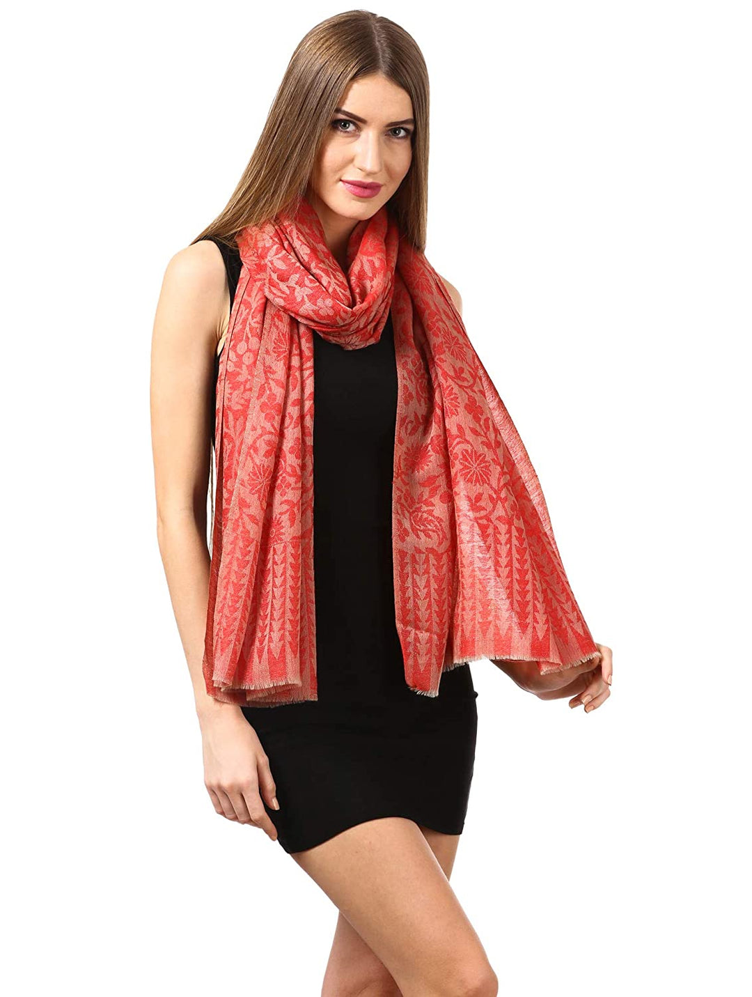 Pashtush India Stole Women's Silk-Pashmina Reversible Floral Scarf, Soft and Warm, Scarlet Red