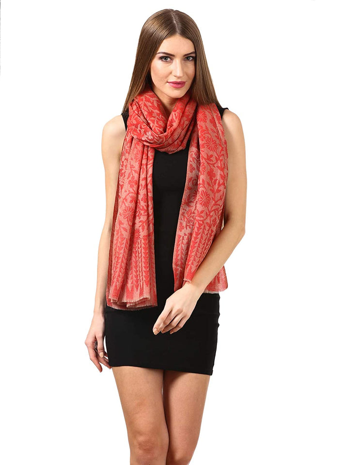 Pashtush India Stole Women's Silk-Pashmina Reversible Floral Scarf, Soft and Warm, Scarlet Red