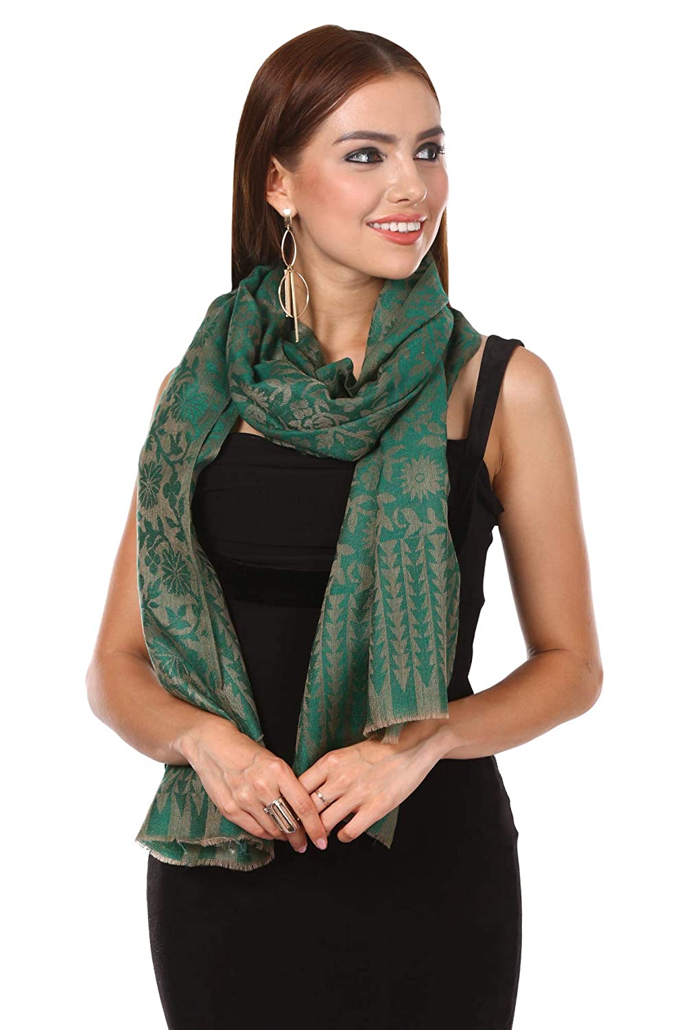 Pashtush India 70x200 WOMEN'S SILK-WOOL REVERSIBLE FLORAL SCARF, SOFT AND WARM, Deep green