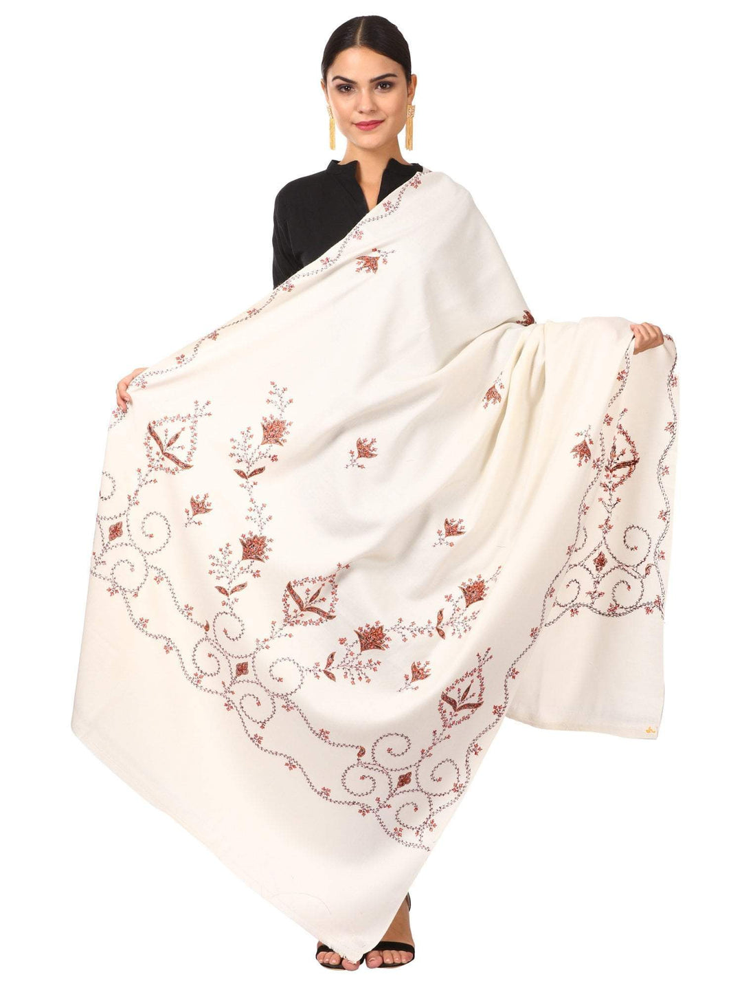 Pashtush India 100x200 Women's Wool Shawl, Kashmiri Hand Embroidery, 100% hand-made (White)