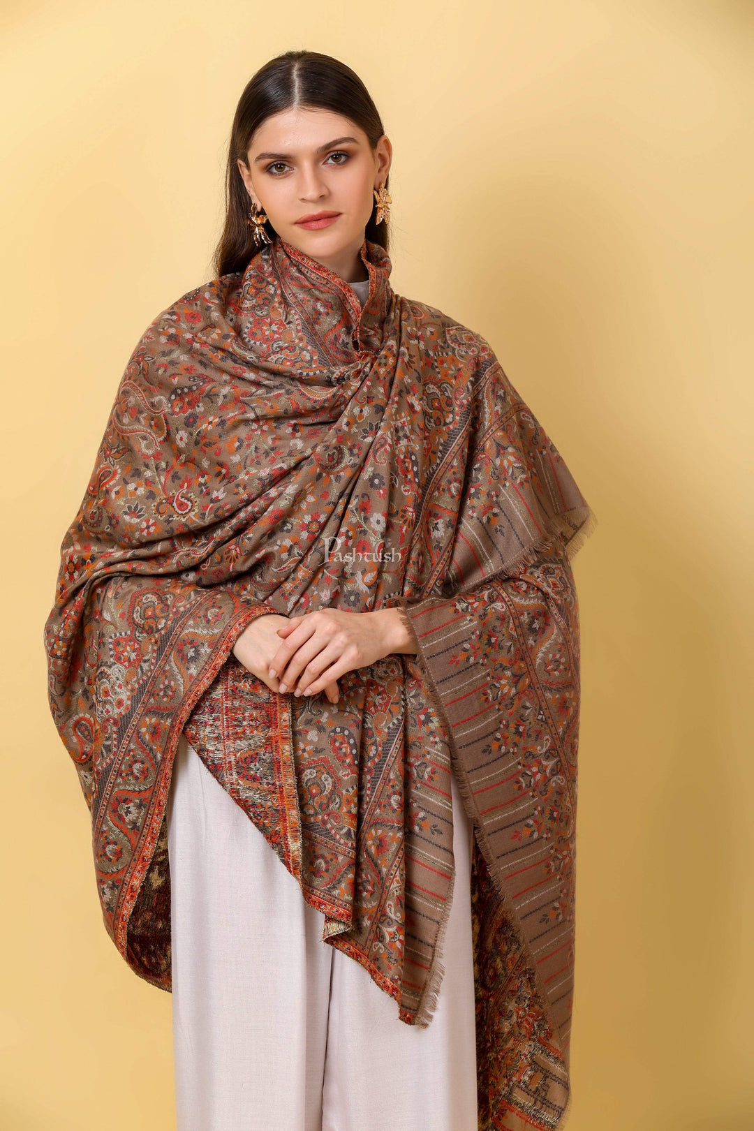 Pashtush India 100x200 Womens Ethnic Shawl, Faux Pashmina, Soft and Warm, Sahara Beige