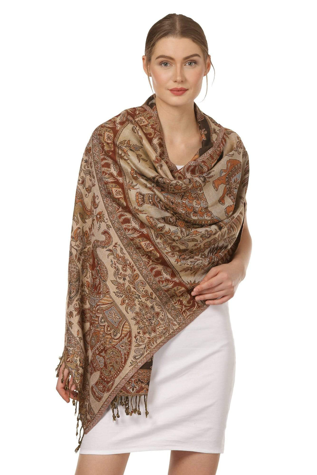 Pashtush Womens Fine Bamboo Jacquard Scarf, Reversible, Multicoloured Brown