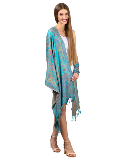 Pashtush Womens Fine Bamboo Jacquard Scarf, Reversible, Seagreen
