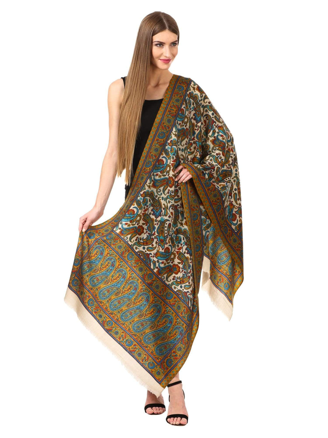 Pashtush Womens Fine Wool  Blended Printed Stole Scarf Green