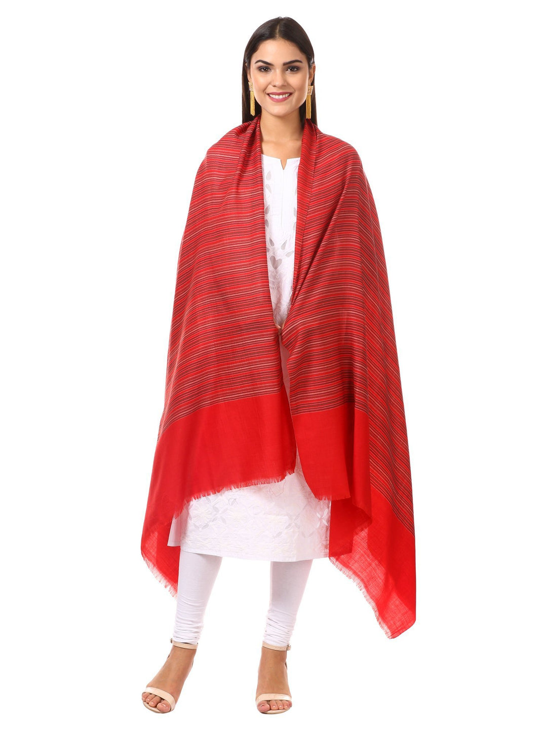 Pashtush Shawl Store Shawl Pashtush Women's Fine Wool Striped Shawl, Fine Wool, Australian Merino Wool, Soft and Warm- Deep Red