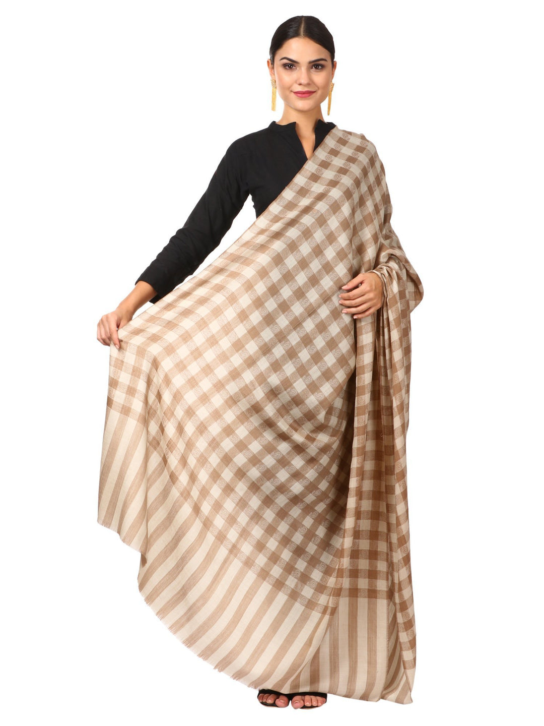 Pashtush Shawl Store Shawl Womens Extra Fine Wool Blend Pashmina Shawl, Checkered, Soft and Warm (taupe)