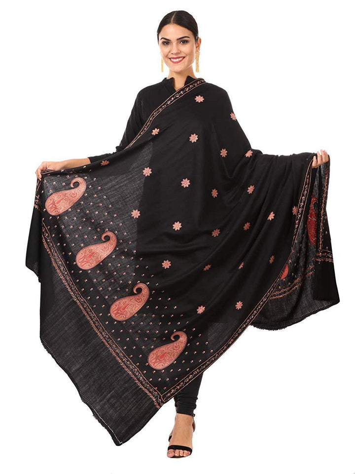 Pashtush Shawl Store Shawl Womens Pure Wool Kashmiri Embroidery Shawl -Black