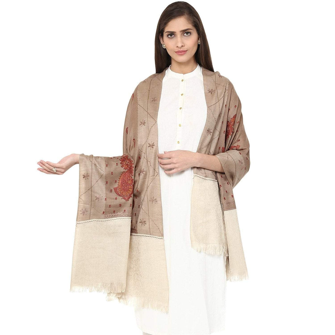 Pashtush Store Pashtush Women's Wool Shawl beige with sozni embroidery and handwork cream palla